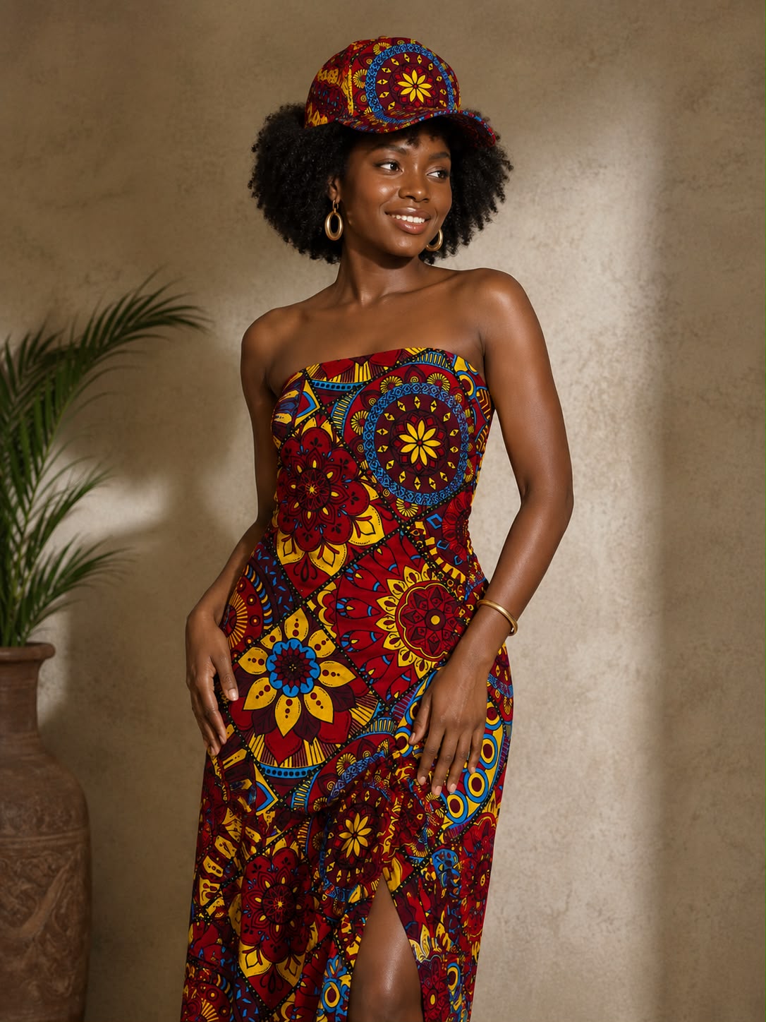 Red Floral Strapless Dress with Matching Cap